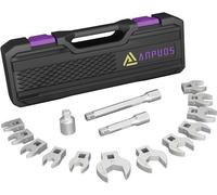 ANPUDS Crowfoot Wrench, 15-Piece 3/8-Inch V-Type Torque Open-End Set, Metric, with 75/125mm Extension Rod, 1/2-3/8-Inch Adapter, Portable Storage Box