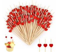 ANPUNAT 300 Counts 4.7 in Red Heart Cocktail Picks Wooden Toothpicks Appetizer Bamboo Stick Fruit Forks for Valentine's Day Wedding Baby Shower Party Decorations Supplies