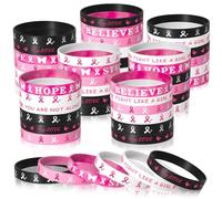 ANPUNAT 48 Pcs Breast Cancer Awareness Bracelets Pink Ribbon Silicone Bracelets Support Faith Hope Strength Silicone Wristband for Women Breast Cancer Designs Events Party Supplies