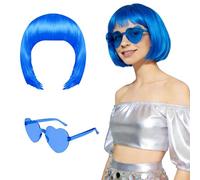 ANPUNAT Dark Blue Short Bob Wig and Sunglass Set, Neon Colored Wigs Sunglass Pack Costume Colorful Cosplay Wigs Daily Party Hairpieces for Bachelorette Neon Party Favors Halloween Decorations Supplies
