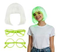 ANPUNAT Glow in The Dark Bob Wig and 2 Glow Glasses Set Bob Wig with Bangs Short Straight Synthetic Hair for Daily Party, Festivals, Cosplay, Halloween