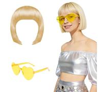 ANPUNAT Light Blonde Short Bob Wig and Sunglass Set, Neon Colored Wigs Costume Colorful Cosplay Party Hairpieces for Bachelorette Glow in The Dark Neon Party Favors Halloween Decorations Supplies