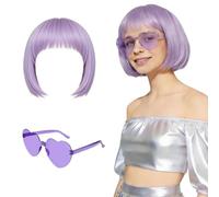 ANPUNAT Light Purple Short Bob Wig and Sunglass Set, Neon Colored Wigs Costume Colorful Cosplay Wigs Party Hairpieces for Bachelorette Glow in The Dark Neon Party Favors Halloween Decorations Supplies