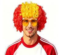 ANPUNAT National Flag Afro Wig and heart Shaped Glasses Set, Neon Colored Wigs Costume Colorful Cosplay Wigs Hairpieces for World Cup 2026 in The Dark Neon Party Favors (Red Yellow Red)