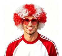 ANPUNAT National Flag Afro Wig and heart Shaped Glasses Set, Neon Colored Wigs Costume Colorful Cosplay Wigs Hairpieces for World Cup 2026 in The Dark Neon Party Favors (Red White)