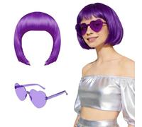 ANPUNAT Purple Short Bob Wig and Sunglass Set, Neon Colored Wigs Sunglass Pack Costume Colorful Cosplay Wigs Daily Party Hairpieces for Bachelorette Neon Party Favors Halloween Decorations Supplies
