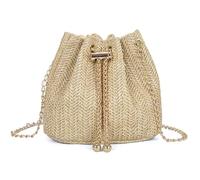 ANQKYO Straw Weave Bucket Bag Metal Gold Color Chain Shoulder Messenger Bag For Women Summer Beach Bag For Women(Khaki)