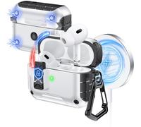 Anqrp MagArmor Auto-Open for AirPods Pro 2nd/1st Gen Case with Built-in Magnets, [One-Press Auto-Open] [Compatible with Mag-Safe Charging], Full-Body MIL-Grade Protective with Air-AL Carabiner White