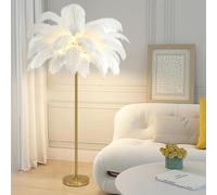 ANram Feather Floor Lamp - Natural Ostrich Feather Decor, Golden Body, 3-Color Dimmable LED