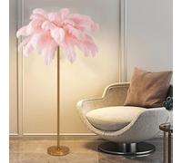 ANram Floor Lamp with Natural Ostrich Feather Lampshade - Gold Standing Light for Bedroom, Living Room, Office