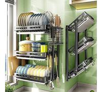 ANram Folding Dish Drying Rack with Drip Tray, 3 Tier Wall-mounted Dish Drainer Rack with Utensil Holder, Cutting Board Holder for Kitchen Countertop Organizer