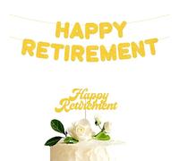 Anreixx Pre-Strung Happy Retirement Banner & Cake Topper Kit - Gold Glitter Retirement Party Decorations for Men Women - Pre Strung on 9 ft Strands