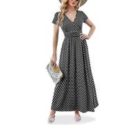 ANRILITA Maxi Dress for Women Wrap V Neck Short Sleeve Empire Pleated Waist Summer Casual Elegant Long Dresses with Pockets, Dot 01, L