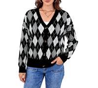 ANRILITA Women's V Neck Long Sleeve Open Front Chunky Cardigan Fall Knitted Button Up Sweaters, Black White Diamond Check Pattern, XXL