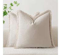 ANRODUO Natural Beige Throw Pillow Covers 20x20 Set of 2 Pillow Covers with Boho Fringe Chic Cotton Decorative Pillows for Bed Square Cushion Covers Farmhouse Decor Sofa Couch Living Room Spring Decor