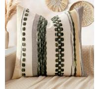 ANRODUO Pack of 1 Boho Decorative Throw Pillow Covers 18x18 Farmhouse Cushion Case Striped Chenille Pillow Cases Square Pillow Covers Accent Neutral Pillowcase for Sofa Couch Bed, Dark Green Stripe