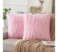 ANRODUO Pack of 2 Baby Pink Throw Pillow Covers Luxury Fluffy Pillows Faux Fur Decorative Pillows Plush Cushion Case Fuzzy Mongolian Merin Style for Bed Couch Sofa Living Room Summer Decor 18x18 Inch