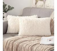 ANRODUO Pack of 2 Beige Throw Pillows Luxury Fluffy Pillows Faux Fur Decorative Pillows Plush Cushion Case Fuzzy Mongolian Merin Style for Bed Couch Sofa and Living Room Fall Home Decor 12x20 Inch