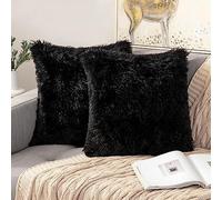 ANRODUO Pack of 2 Black Throw Pillow Covers Luxury Fluffy Pillows Faux Fur Decorative Pillows Plush Cushion Case Fuzzy Mongolian Merin Style for Bed Couch Sofa Living Room Halloween Decor 24x24 Inch