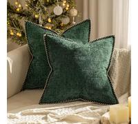 ANRODUO Pack of 2 Christmas Green Chenille Throw Pillow Covers 18x18 Inch Farmhouse Decorative Pillow Covers with Stitched Edge Soft Throw Pillows for Couch Sofa Bed and Living Room Christmas Decor
