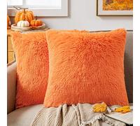 ANRODUO Pack of 2 Fall Pillow Covers Orange Throw Pillows Luxury Fluffy Pillows Faux Fur Decorative Pillows Plush Cushion Case Fuzzy Mongolian Merin Style Couch Sofa Living Room Halloween 18x18 Inch