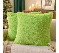 ANRODUO Pack of 2 Grinch Green Throw Pillows Luxury Fluffy Pillows Faux Fur Decorative Pillows Plush Cushion Case Fuzzy Mongolian Merin Style for Bed Couch Sofa Living Room Christmas Decor 24x24 Inch