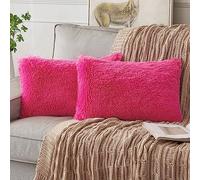 ANRODUO Pack of 2 Hot Pink Throw Pillow Covers Luxury Fluffy Pillows Faux Fur Decorative Pillows Plush Cushion Case Fuzzy Mongolian Merin Style for Bed Couch Sofa Living Room Summer Decor 12x20 Inch