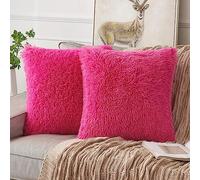 ANRODUO Pack of 2 Hot Pink Throw Pillows Luxury Fluffy Pillows Faux Fur Decorative Pillows Plush Cushion Case Fuzzy Mongolian Merin Style for Bed Couch Sofa Living Room Fall Home Decor 18x18 Inch