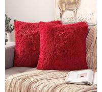 ANRODUO Pack of 2 Red Throw Pillow Covers Luxury Fluffy Pillows Faux Fur Decorative Pillows Plush Cushion Case Fuzzy Mongolian Merin Style for Bed Couch Sofa and Living Room Christmas Decor 18x18 Inch