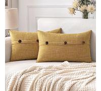 ANRODUO Set of 2 Yellow Linen Throw Pillow Covers Triple Button Burlap Solid Cushion Cover 12x20 Inch Decorative Rustic Vintage Farmhouse Modern Pillowcase for Couch Sofa Bed Living Room Boho Decor