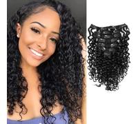 Anrosa 12" 12" 1B Water Wave Clip in Human Hair Extensions 120g Double Weft Water Wave Curly Natural Black