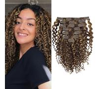 Anrosa Jerry Clip in Human Hair Extensions Curly Soft Curly Double Head Clip in Human Hair Extensions for Black Women Color #4 Dark Brown Mixed with #27 Strawberry Blonde 14 Inch 120g 7 Pieces
