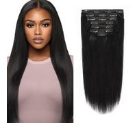 Anrosa Yaki Hair Clip in Extensions for African American - Human Hair, Straight, Natural, Thick Volume - Jet Black, 14 Inch, 120 Gram
