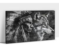 ANRUOXI Native American Wall Art - Indian Chief and Wolf Pictures for Home Decor, Framed Canvas Print Ready To Hang 12x18''