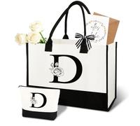 Anruzon Gifts for Women - Personalised Initial A-Z Canvas Shopping Bag & Cosmetic Bag, Greeting Card - Practical & Emotional Gift for Mum, Girlfriend, Colleague or Sister, d, Casual chic
