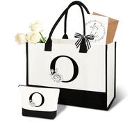 Anruzon Gifts for Women - Personalised Initial A-Z Canvas Shopping Bag & Cosmetic Bag, Greeting Card - Practical & Emotional Gift for Mum, Girlfriend, Colleague or Sister