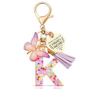 Anruzon Initial Letter Keychain, Women Tassel Butterfly Pendant Pink Purple Cute Car Keyrin, Purple and Gold Resin Alphabet Key Ring for Wallet, Personalised Keyring Bag