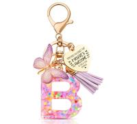 Anruzon Initial Letter Keychain, Women Tassel Butterfly Pendant Pink Purple Cute Car Keyrin, Purple and Gold Resin Alphabet Key Ring for Wallet, Personalised Keyring Bag