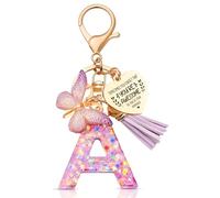 Anruzon Initial Letter Keychain, Women Tassel Butterfly Pendant Pink Purple Cute Car Keyrin, Purple and Gold Resin Alphabet Key Ring for Wallet, Personalised Keyring Bag