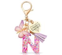 Anruzon Initial Letter Keychain, Women Tassel Butterfly Pendant Pink Purple Cute Car Keyrin, Purple and Gold Resin Alphabet Key Ring for Wallet, Personalised Keyring Bag