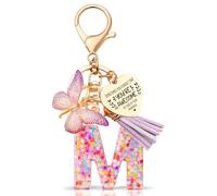 Anruzon Initial Letter Keychain, Women Tassel Butterfly Pendant Pink Purple Cute Car Keyrin, Purple and Gold Resin Alphabet Key Ring for Wallet, Personalised Keyring Bag