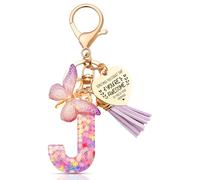Anruzon Initial Letter Keychain, Women Tassel Butterfly Pendant Pink Purple Cute Car Keyrin, Purple and Gold Resin Alphabet Key Ring for Wallet, Personalised Keyring Bag