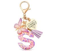 Anruzon Initial Letter Keychain, Women Tassel Butterfly Pendant Pink Purple Cute Car Keyrin, Purple and Gold Resin Alphabet Key Ring for Wallet, Personalised Keyring Bag