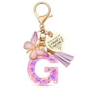 Anruzon Initial Letter Keychain, Women Tassel Butterfly Pendant Pink Purple Cute Car Keyrin, Purple and Gold Resin Alphabet Key Ring for Wallet, Personalised Keyring Bag