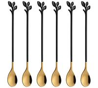 AnSaw 6-Piece Elegant Black & Gold Leaf Long Handle Teaspoons - 7.4" Stainless Steel Stir Spoons for Coffee & Tea, Perfect for Mixing & Stirring