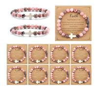 Ansberta 12 Pcs Cross Bracelets for Women,Christian Religious Bracelet Natural Stone Gifts with Bible Card Catholic Religious Jewelry for Easter Friend Mom, M, Natural stones Kraft, no gemstone