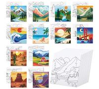 Anseal 12 Packs Pre Drawn Canvas to Paint, 4" X 4" Landscape Pre-Printed Canvas Paint Party for Kids Adult, Stretched Outline Painting Boards for Beginners, Students, Party Favor