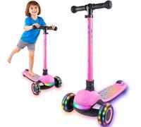 Ansee Light Up 3 Wheel Kick Scooter for Kids Toddlers with LED Sync Lights, Flashing Stem & Wide Polka Dot Deck Adjustable Height Music Function Safe Sturdy Folding Scooter for Kids (Pink)