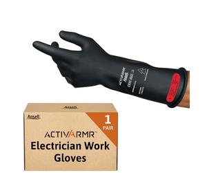 Ansell ActivArmr Electrician Work Gloves, Electrical Protection Class 0 (1000V), Insulating Natural Rubber Latex Gloves, Industrial Safety PPE, 14 Inches, Black, Size XL (1 Pair)