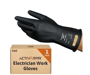 Ansell ActivArmr RIG011B, Electrical Protection Rubber Gloves, Flexible & Durable Black Latex Gloves, Ergonomic Arc Flash Protection, Medium, 1 Pair